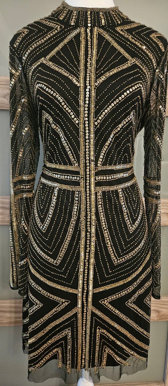 Stunning Aidan Black Gold Sequins &  Beading L/S Knee Length Dress Size 14 H77